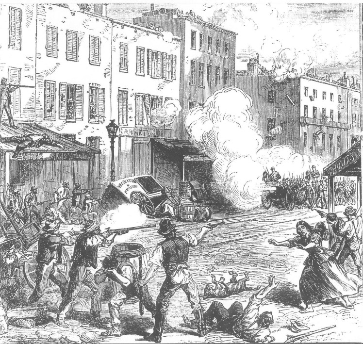 Enfrentamiento armado entre alborotadores y soldados según el corresponsal del Illustrated London News.